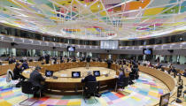 European Union foreign policy chief Josep Borrell, center rear, and EU ambassadors attend a meeting of European Union foreign ministers, via video link, at the European Council building in Brussels, Tuesday, May 18, 2021. European Union foreign ministers debated Tuesday how to use the 27-nation bloc's political clout to help diplomatic efforts to end the fighting between the Israeli armed forces and Palestinian militants. (Olivier Hoslet, Pool via AP)