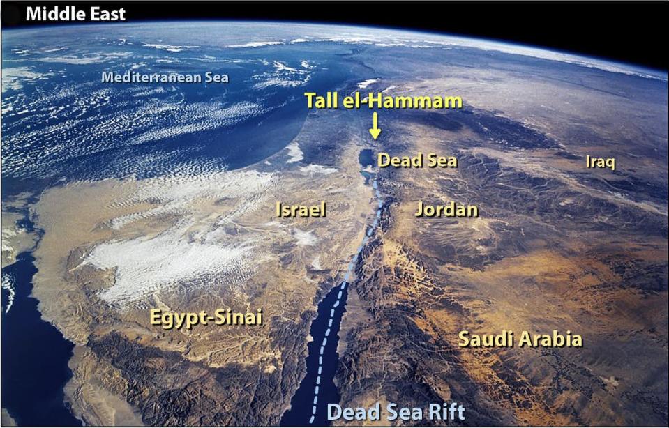 A labeled map of the Dead Sea Rift and the location of the ancient city of Tall el-Hammam. 