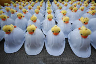 Rows of hard hats designed with yellow ducks, which have become good-humored symbols of resistance during anti-government rallies, are prepared for protest security staff Wednesday, Nov. 25, 2020, in Bangkok Thailand. Thai authorities have escalated their legal battle against the students leading pro-democracy protests, charging 12 of them with violating a harsh law against defaming the monarchy. (AP Photo/Sakchai Lalit)