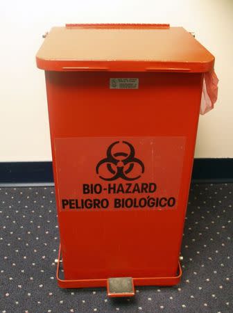 A bio-hazard waste container is seen in an undated handout photo provided by the Centers for Disease Control and Prevention (CDC) in Atlanta. REUTERS/CDC/Handout via Reuters