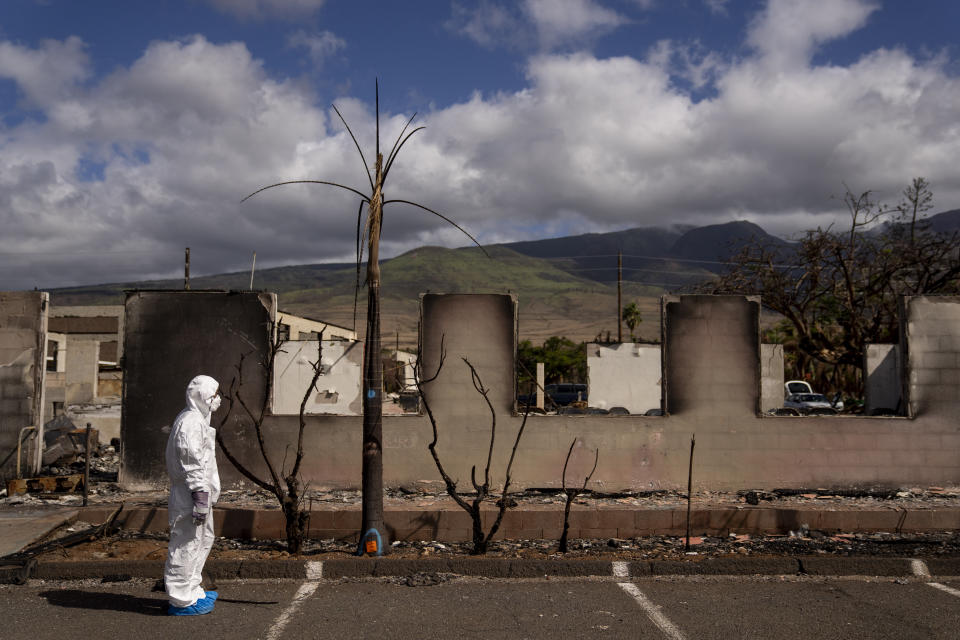 Rev. Ai Hironaka, resident minister of the Lahaina Hongwanji Mission, walks through the grounds of his temple and residence destroyed by wildfire, Thursday, Dec. 7, 2023, in Lahaina, Hawaii. Recovery efforts continue after the August wildfire that swept through the Lahaina community on Hawaiian island of Maui, the deadliest U.S. wildfire in more than a century. (AP Photo/Lindsey Wasson)