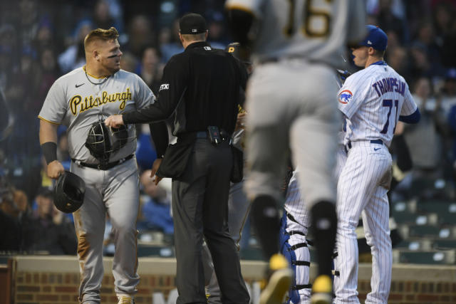 Pittsburgh Pirates' Daniel Vogelbach reacts after striking out during the  second inning of the team's baseball game against the Chicago Cubs on  Tuesday, May 17, 2022, in Chicago. The Cubs won 7-0. (