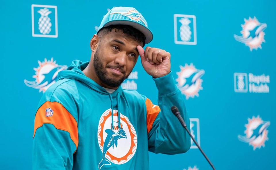 Miami Dolphins quarterback Tua Tagovailoa (1) speaks with reporters after team practice at the Baptist Health Training Complex on Wednesday, Sept. 6, 2023 in Miami Gardens, Fla.