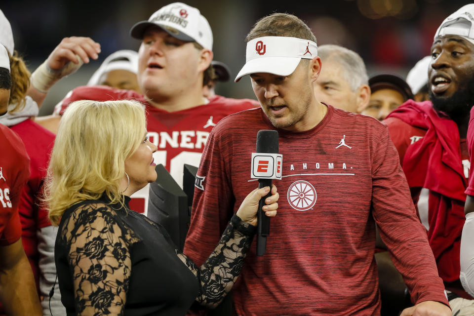 ARLINGTON, TX - DECEMBER 07: Oklahoma Sooners head coach Lincoln Riley gets interviewed ESPN Sideline Reporter Holly Rowe after the game between the Baylor Bears and the Oklahoma Sooners on December 07, 2019 at AT&T Stadium in Arlington, Texas. (Photo by Matthew Pearce/Icon Sportswire via Getty Images)