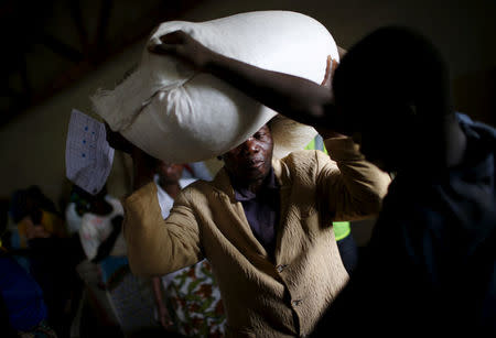 A man carries food aid distributed by the United Nations World Food Progamme (WFP) in Mzumazi village near Malawi's capital Lilongwe, February 3, 2016. REUTERS/Mike Hutchings/File Photo