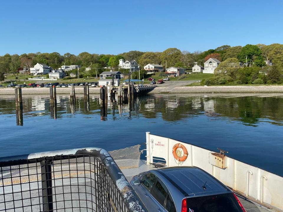 The Prudence Island Ferry pulls into the dock at Homestead, the island's only town.