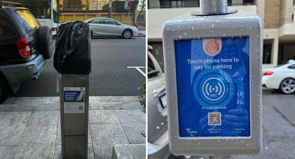 Left: Parking meter with black bag over it. Right: New Touch N Go parking meter in North Sydney. 