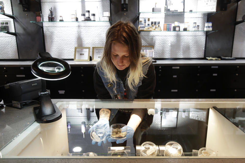 Budtender Varv Pavlova wears gloves while posing for photos handling marijuana samples under a magnifying glass at The Mission Cannabis Club dispensary in San Francisco, Thursday, March 19, 2020. (AP Photo/Jeff Chiu)