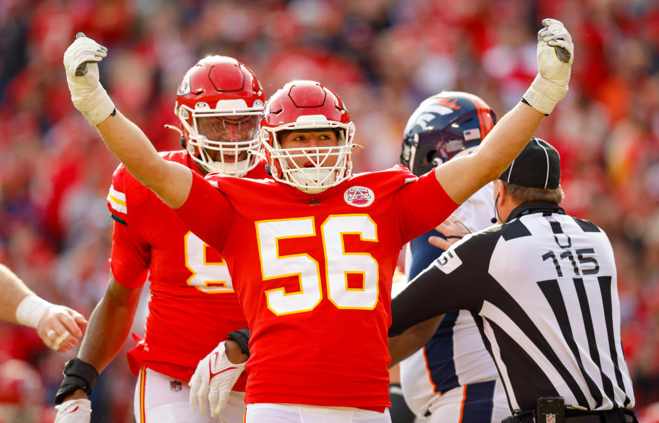 KANSAS CITY, MO - JANUARY 01: George Karlaftis #56 of the Kansas City Chiefs reacts after a second quarter sack against the Denver Broncos at Arrowhead Stadium on January 1, 2023 in Kansas City, Missouri. (Photo by David Eulitt/Getty Images)