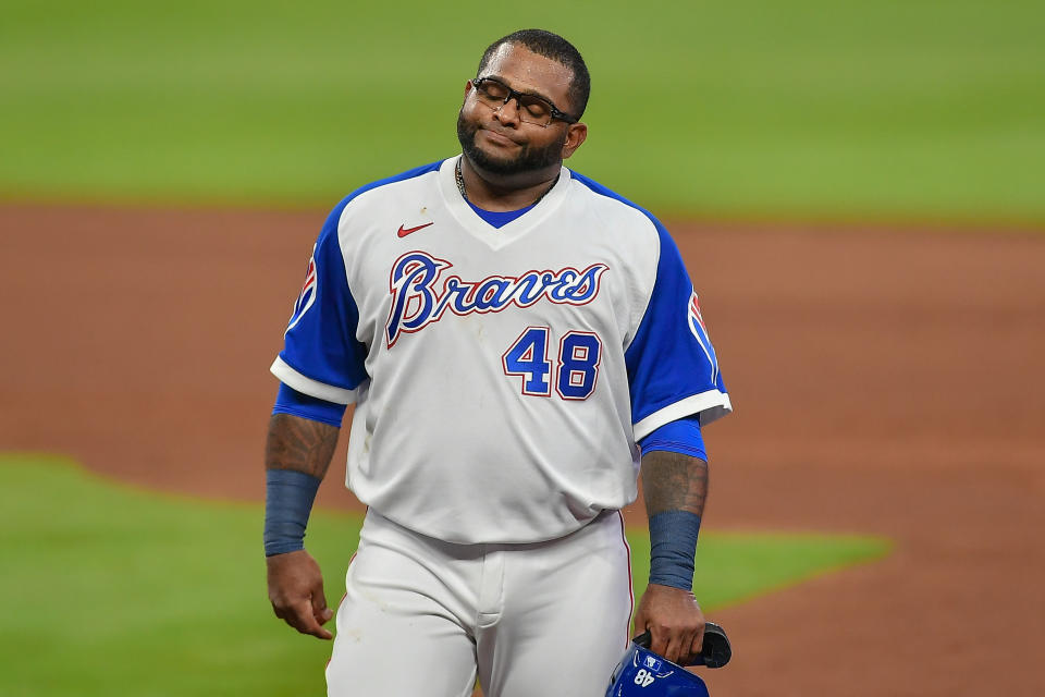 ATLANTA, GA  APRIL 12:  Atlanta pinch hitter Pablo Sandoval (48) reacts after being tagged out running the bases during the MLB game between the Miami Marlins and the Atlanta Braves on April 12th, 2021 at Truist Park in Atlanta, GA. (Photo by Rich von Biberstein/Icon Sportswire via Getty Images)
