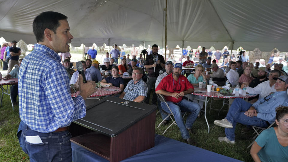 U.S. Sen. Marco Rubio, R-Fla., speaks to farmers during a meeting Wednesday, Oct. 12, 2022, in Zolfo Springs, Fla., about getting help for financial losses to their animals and fruit trees from the effects of Hurricane Ian. (AP Photo/Chris O'Meara)