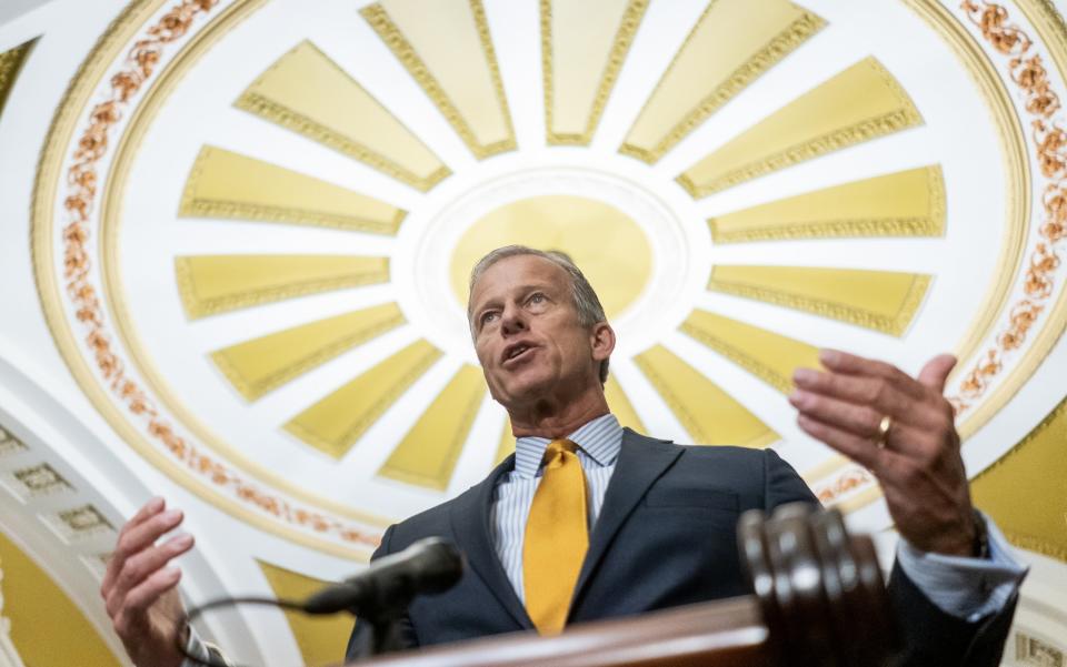Sen. John Thune (R-SD) speaks with members of the media during a news conference