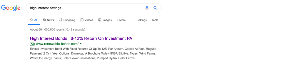 Bonds advertised on Google alongside results for "high interest savings". Photo: Screenshot/Yahoo Finance UK