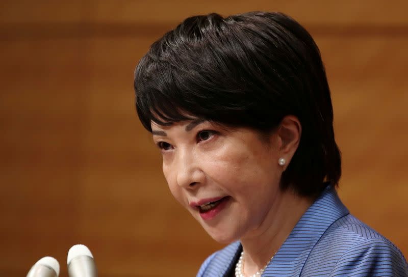 FILE PHOTO: Japanese lawmaker Sanae Takaichi speaks at a news conference in Tokyo