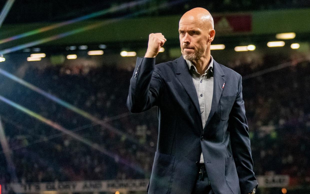 Manager Erik ten Hag celebrates after Manchester United's home win over Liverpool on August 22, 2022