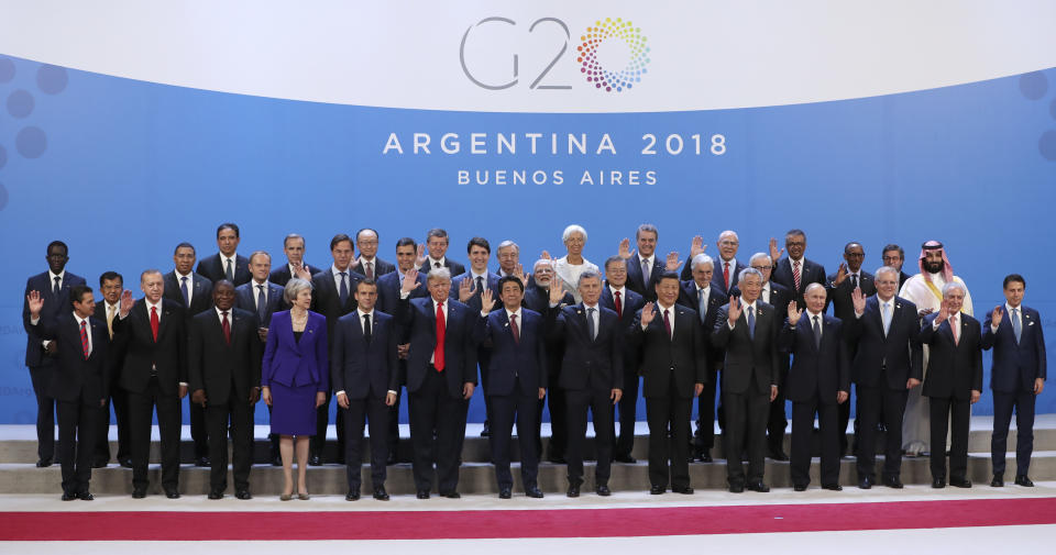 Leaders attending the G-20 Summit pose for the family photo at the Costa Salguero Center in Buenos Aires, Argentina, Friday, Nov. 30, 2018. (Photo: Ricardo Mazalan/AP)