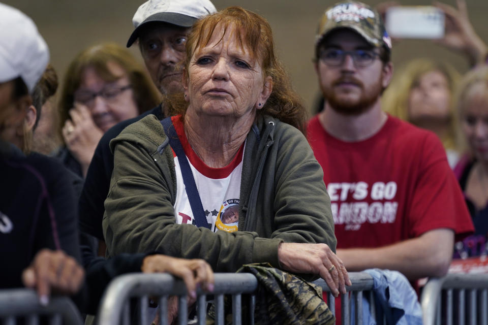 Supporters listens to former President Donald Trump during a rally, Wednesday, Sept. 20, 2023, in Dubuque, Iowa. (AP Photo/Charlie Neibergall)