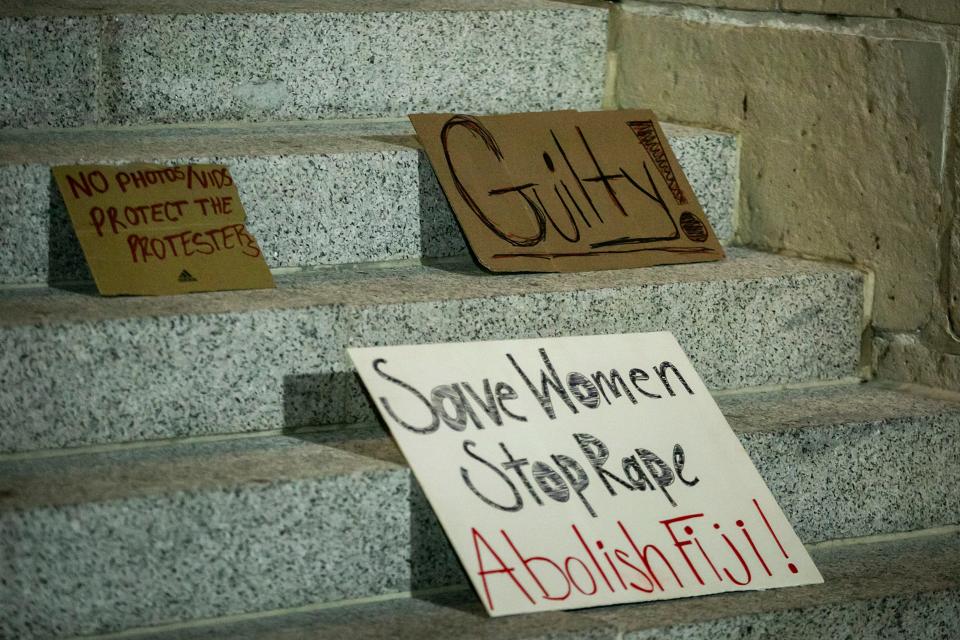 Signs are placed on the steps in front of the Old Capitol Building after a protest against the Phi Gamma Delta fraternity chapter at the University of Iowa, Wednesday, Sept. 1, 2021, in Iowa City, Iowa.