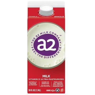 <p><strong>a2 Milk</strong></p><p>target.com</p><p><strong>$3.99</strong></p><p><a href="https://www.target.com/p/a2-milk-whole-vitamin-d-ultra-pasteurized-59-fl-oz/-/A-51341947" rel="nofollow noopener" target="_blank" data-ylk="slk:Shop Now;elm:context_link;itc:0;sec:content-canvas" class="link ">Shop Now</a></p><p>Most cow milks marketed to the lactose-intolerant have added lactase to break down the hard-to-digest sugar. But a new type of milk is taking a different approach. The folks behind <a href="https://www.a2milk.com/" rel="nofollow noopener" target="_blank" data-ylk="slk:a2 Milk;elm:context_link;itc:0;sec:content-canvas" class="link ">a2 Milk </a>claim it's not necessarily the <em>lactose</em> that causes tummy troubles, but a protein called A1, a genetic mutation that spread through dairy cattle 8,000 years ago. A2 uses milk from cows that produce only the easier-to-digest A2 protein. Our testers liked that it tastes clean and fresh without the extra sweetness of lactose-free milks. </p>