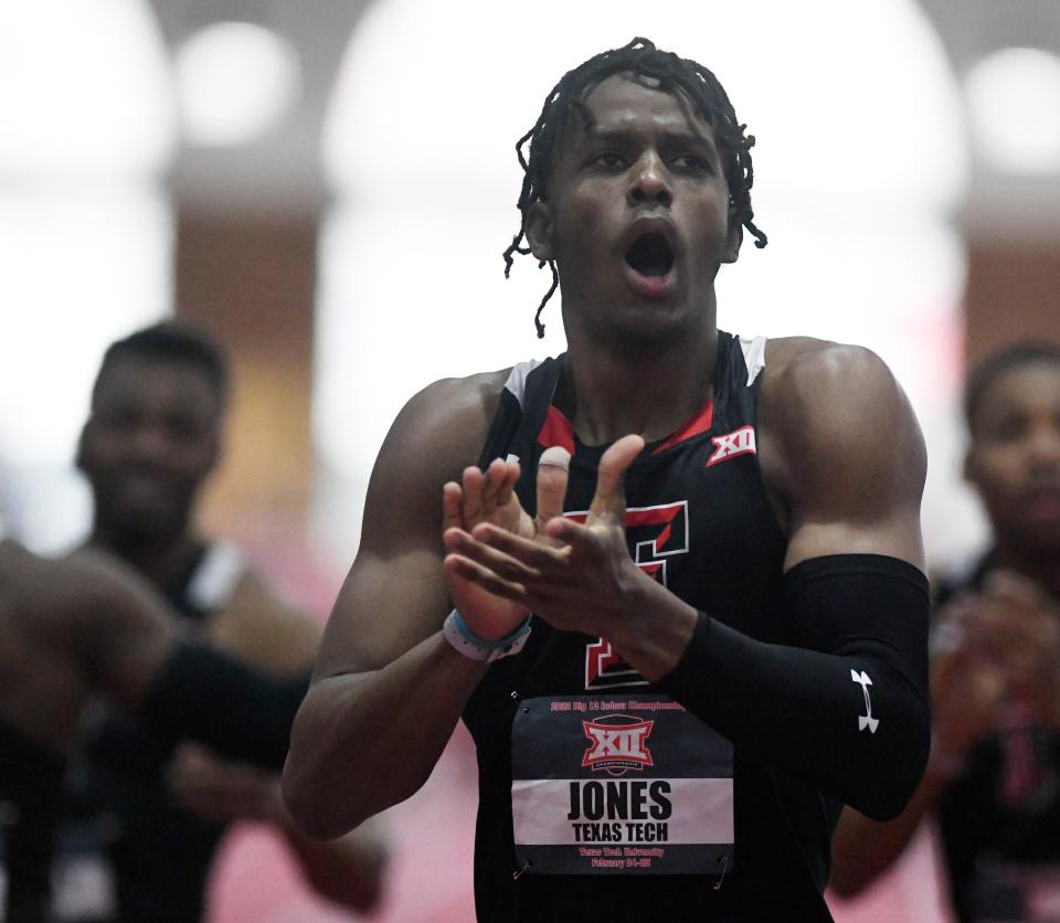 Texas Tech's Terrence Jones reacts to seeing his time, a meet-record 6.48 seconds in the 60 meters, during Saturday's last day of the Big 12 indoor track and field championships.