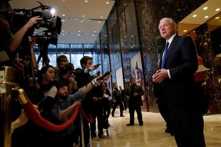 U.S. Senator Jeff Sessions (R-AL), an advisor to U.S. President Elect Donald Trump, speaks to members of the media in the lobby of Trump Tower in the Manhattan borough of New York City, New York November 17, 2016. REUTERS/Mike Segar