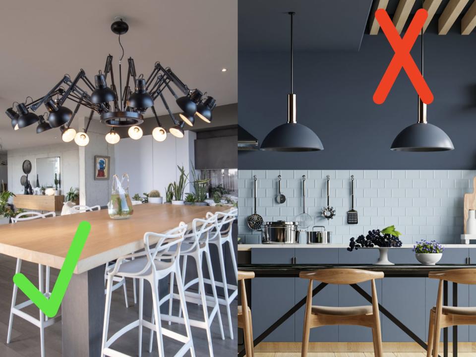 Kitchen with a black spider-like light fixture above it; A light- and dark-blue kitchen with a red X