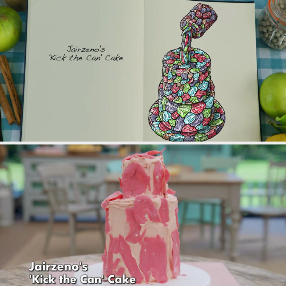 Jairzeno's anti-gravity cake decorated to look like a paint can pouring out paint side by side with its drawing