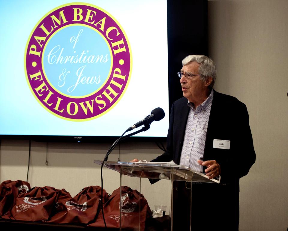John 'Skip' Randolph speaks during the Palm Beach Fellowship of Christians and Jews' annual meeting for members, supporters and student essay and creative arts contest awards winners at the Wells Fargo Palm Beach Thursday.