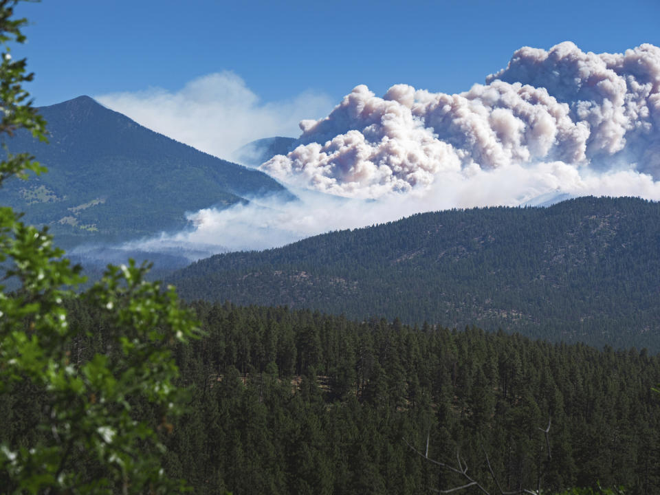 This photo provided by Nate Nise from Lowell Observatory shows smoke from the Pipeline Fire over the mountains above Flagstaff, Ariz., on Monday, June 13, 2023. A wildfire burning on the outskirts of the city has forced the evacuation of several hundred homes. (Nate Nise/Lowell Observatory via AP)