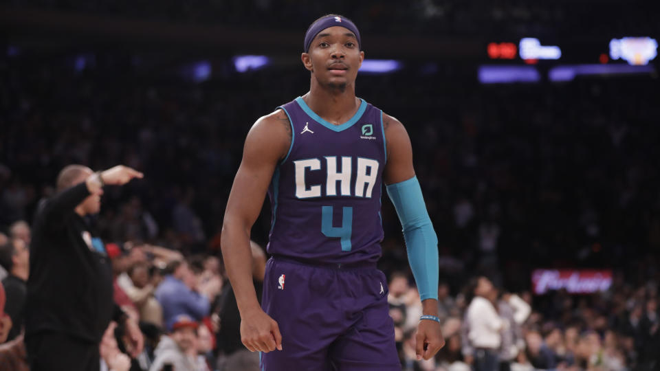 Charlotte Hornets' Devonte' Graham, celebrates after he made a three point basket during the second half of an NBA basketball game against the New York Knicks Saturday, Nov. 16, 2019, in New York. The Hornets won 103-102. (AP Photo/Frank Franklin II)