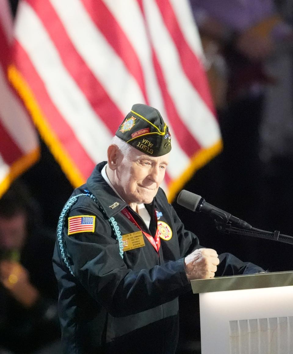 World War II veteran William Pekrul speaks during the third day of the Republican National Convention at Fiserv Forum. The third day of the RNC focus on foreign policy and threats.