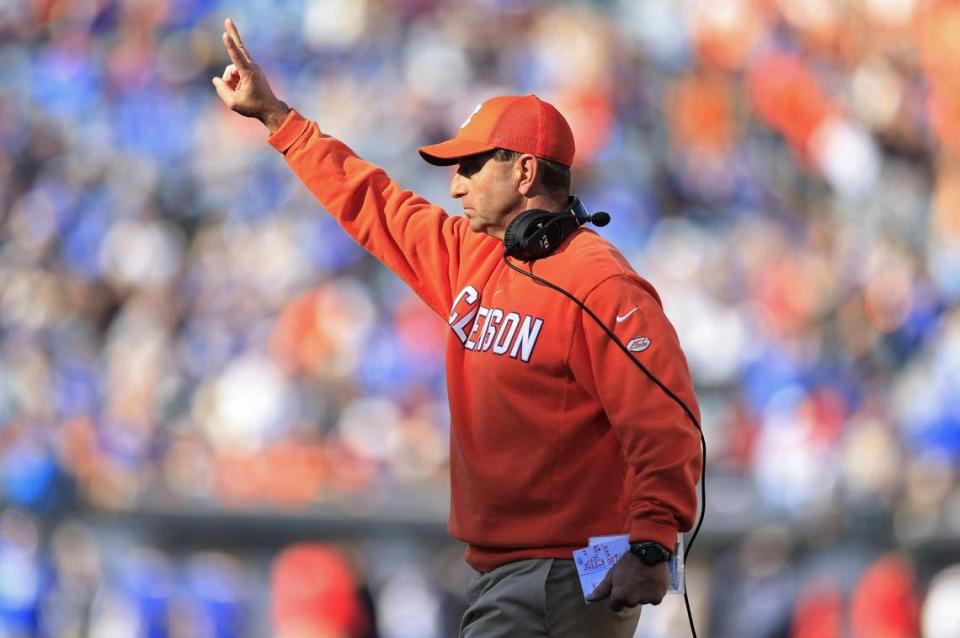 Clemson Tigers head coach Dabo Swinney calls for a two point conversion during the fourth quarter of an NCAA football matchup in the TaxSlayer Gator Bowl Friday, Dec. 29, 2023 at EverBank Stadium in Jacksonville, Fla. The Clemson Tigers edged the Kentucky Wildcats 38-35.
