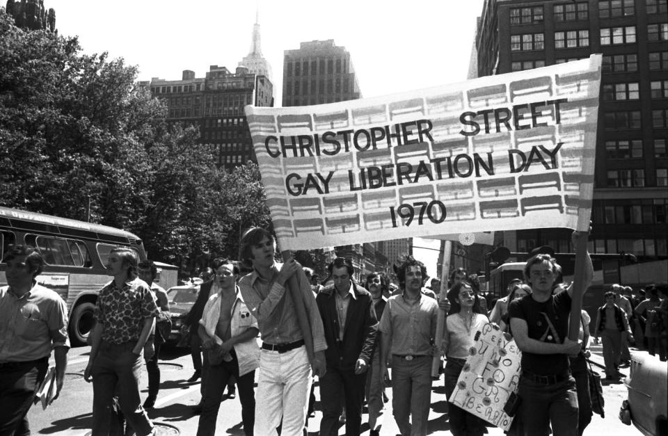 Men holding Christopher Street Liberation Day banner, 1970 (Diana Davies / New York Public Library)