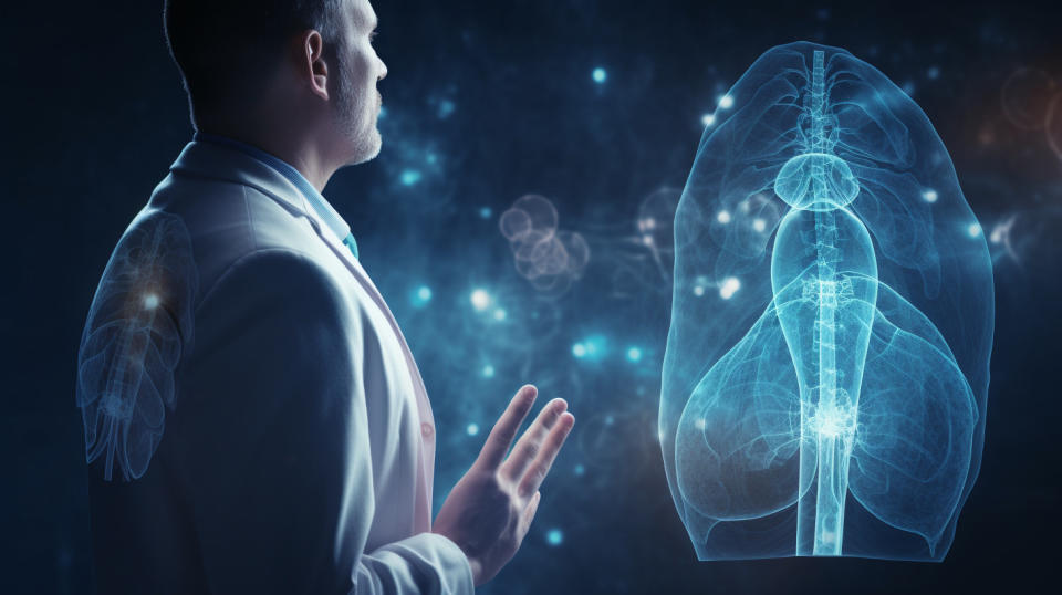 A medical professional performing a pulmonary function assessment on a patient.