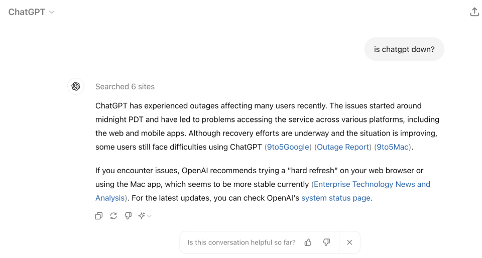 Screenshot showing ChatGPT's most recent answer to see if the service is down