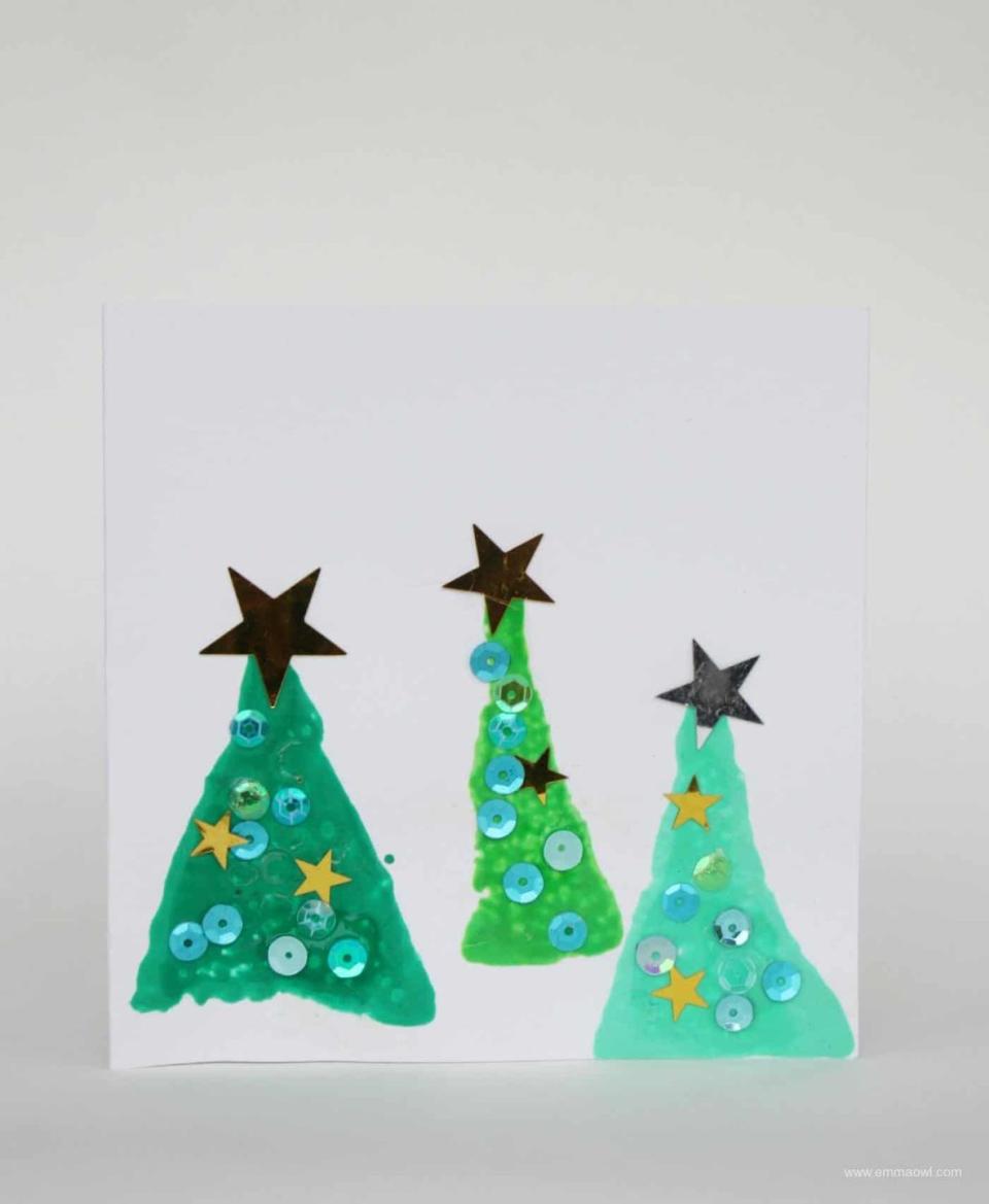 <p>Inspire your children to create something cool! Just give them a sponge, some green paint and a bunch of small decorations (like <a href="https://www.amazon.com/Sequins-Children-Decorate-Personalise-Christmas/dp/B0759S8SZJ?tag=syn-yahoo-20&ascsubtag=%5Bartid%7C10055.g.4080%5Bsrc%7Cyahoo-us" rel="nofollow noopener" target="_blank" data-ylk="slk:sequins;elm:context_link;itc:0;sec:content-canvas" class="link ">sequins</a>) to decorate their one-of-a-kind Christmas tree. </p><p><a href="https://emmaowl.com/easy-sponge-printed-christmas-card/" rel="nofollow noopener" target="_blank" data-ylk="slk:Get the tutorial at Emma Owl »;elm:context_link;itc:0;sec:content-canvas" class="link "><em>Get the tutorial at Emma Owl »</em></a></p>