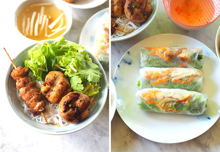 The 'bun cha' is done Hanoi-style and served with grilled chicken patties and chicken satay (left). 'Goi cuon' are light-tasting summer rolls stuffed with noodles, fresh herbs, chicken and prawns (right)