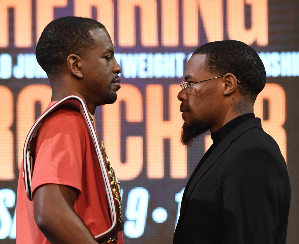 LAS VEGAS, NEVADA - SEPTEMBER 13:  WBO junior lightweight champion Jamel Herring (L) and Lamont Roach Jr. face off during a news conference announcing Top Rank Boxing's fall schedule at the KA Theatre at MGM Grand Hotel & Casino on September 13, 2019 in Las Vegas, Nevada. Herring will defend his title against Roach on November 9 in Fresno, Calif.  (Photo by Ethan Miller/Getty Images)