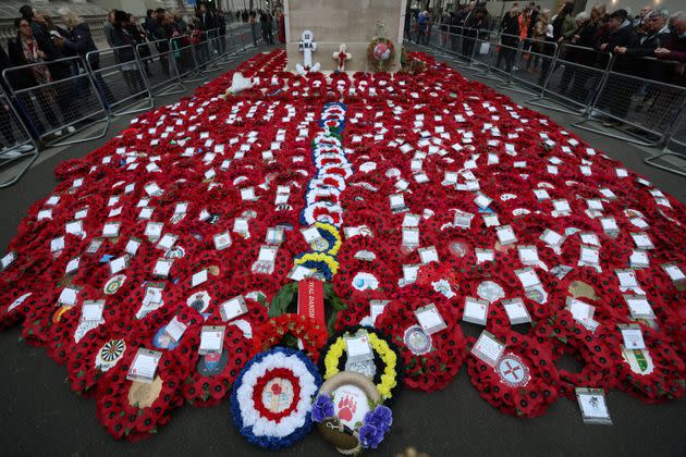 Wreaths laid at the Cenotaph war memorial on Whitehall after the National Service Of Remembrance. (Photo: Hollie Adams via Getty Images)