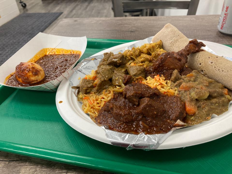 A combo plate of all the meat items at Gursha Ethiopian Grill.