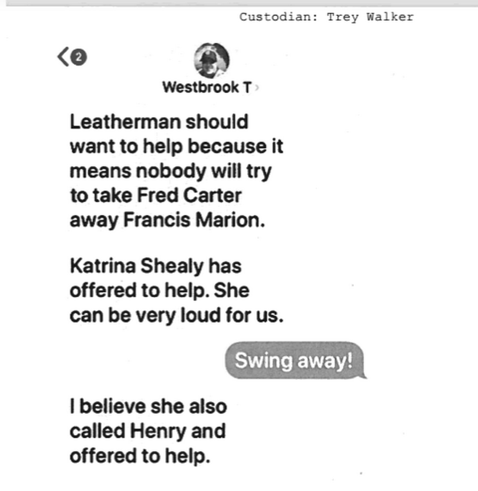 A 2019 text between USC board of trustee member Thad Westbrook and Trey Walker, Gov. Henry McMaster’s chief of staff during the 2019 presidential search.