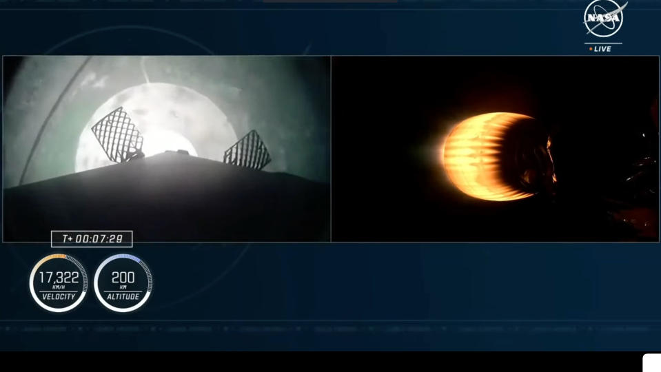 side-by-side views of a rocket landing at night (left) and an engine nozzle glowing orange-yellow (right).