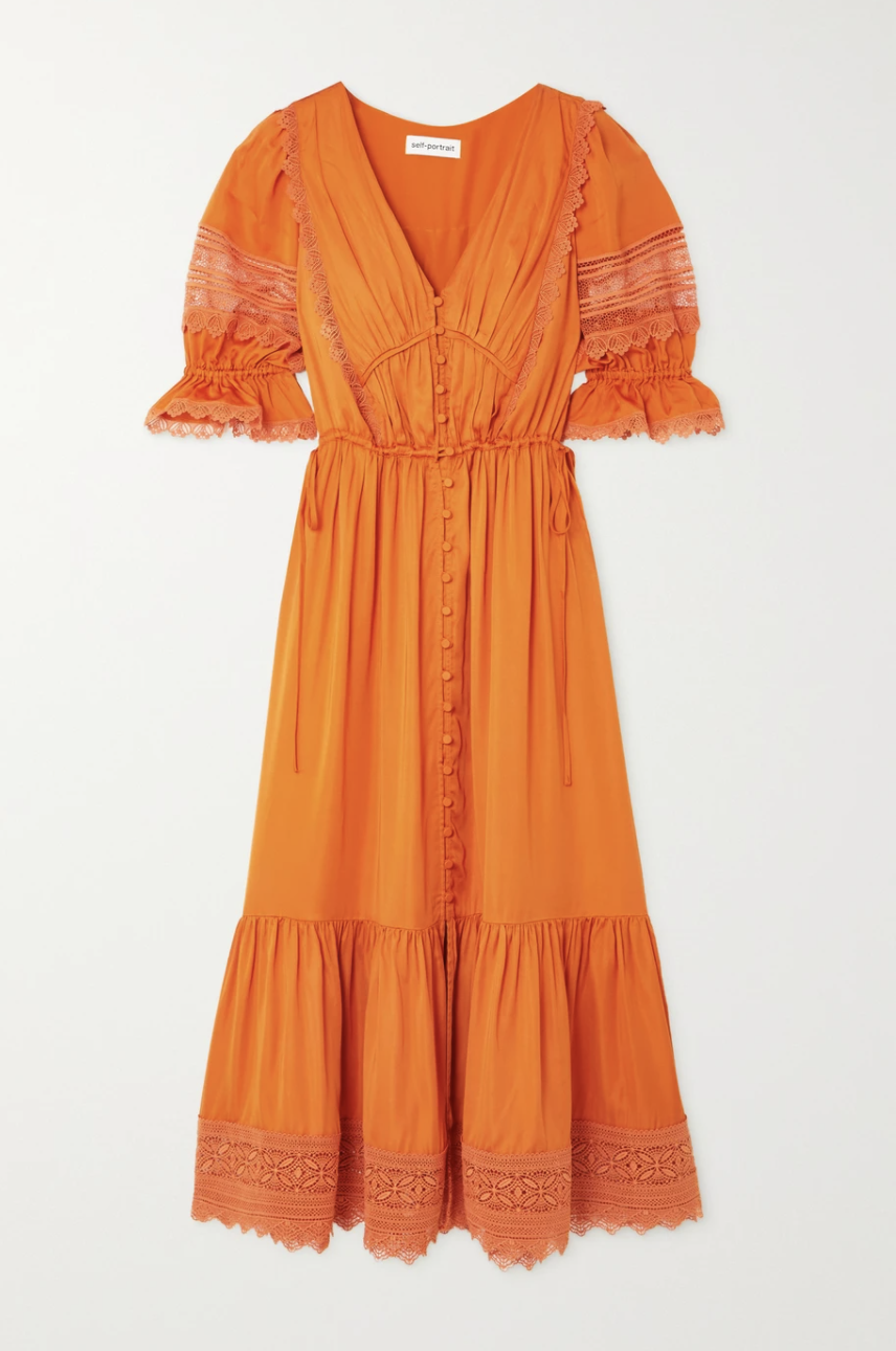 Lace-Trimmed Satin-Twill Midi Dress