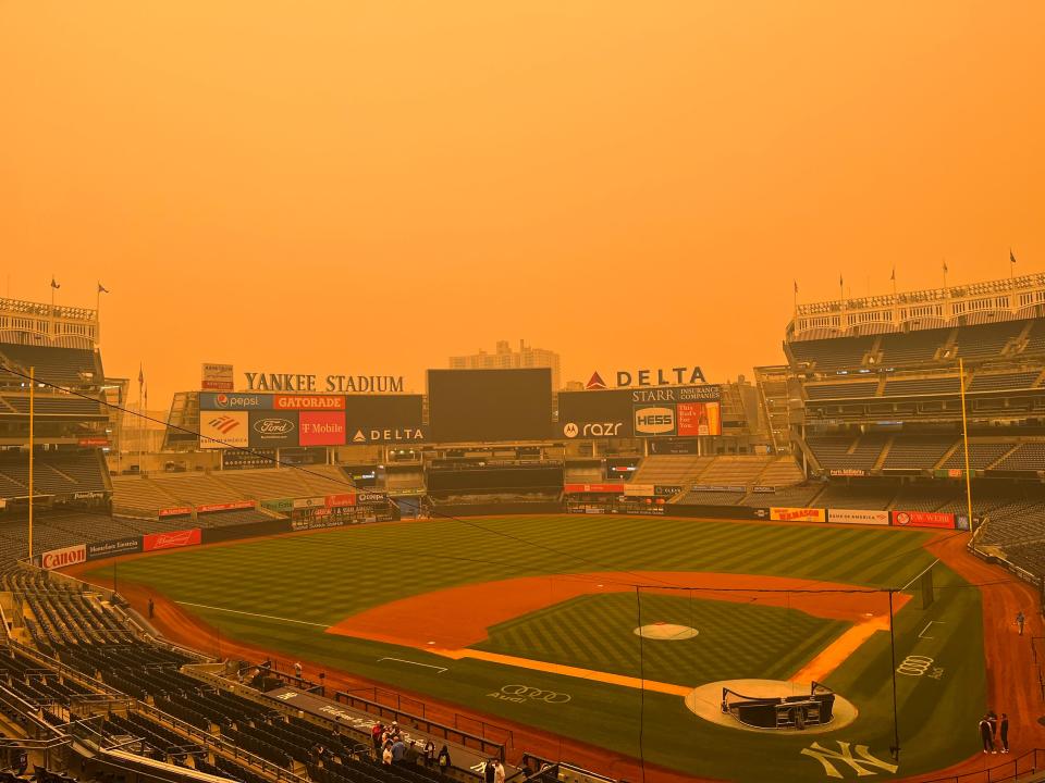 Yankee Stadium in a smoky haze on Wednesday afternoon