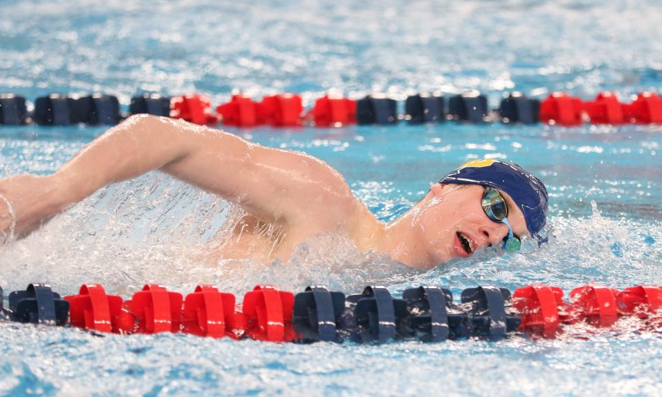 Jarek Ruszkowski of South Bend Riley competes in the 500 Yard Freestyle during the NIC Boys Swimming Finals Saturday, Jan. 28, 2023 at the Elkhart Aquatics Center.