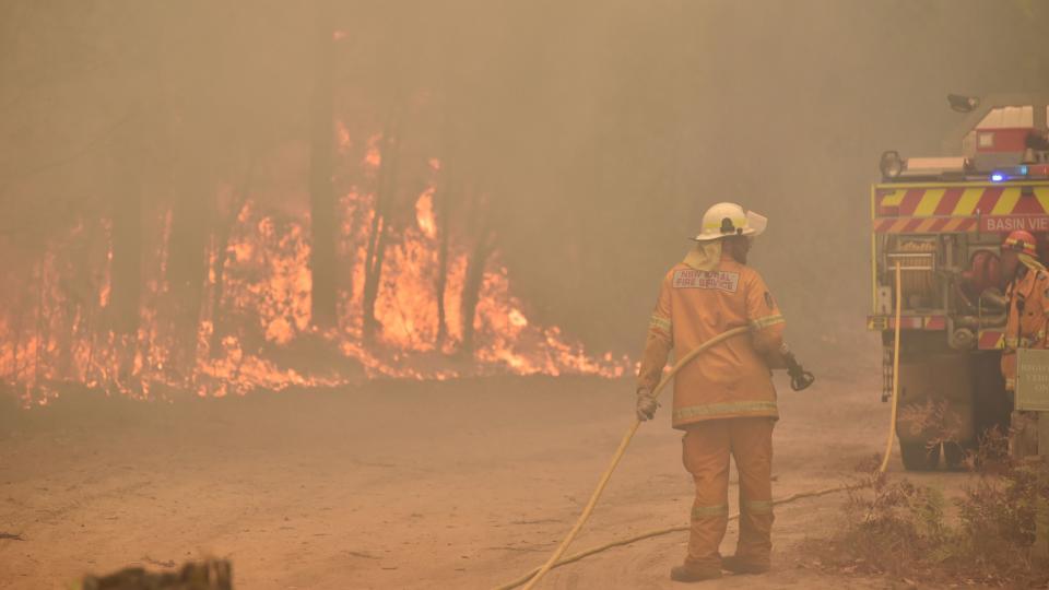 Firefighters create a back burn ahead of a fire front in the New South Wales town of Jerrawangala on January 1, 2020. - A major operation to reach thousands of people stranded in fire-ravaged seaside towns was under way in Australia on January 1 after deadly bushfires ripped through popular tourist spots and rural areas leaving at least eight people dead. (Photo by PETER PARKS / AFP) (Photo by PETER PARKS/AFP via Getty Images)