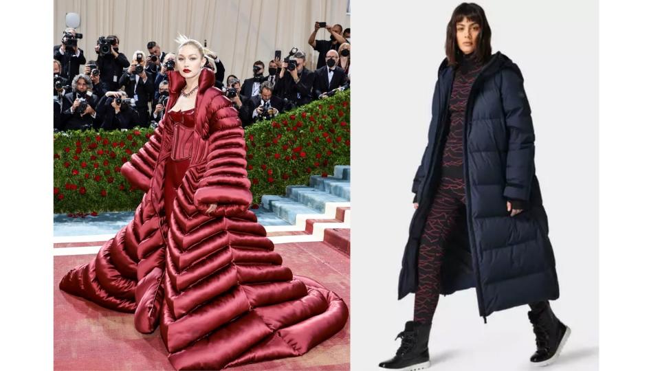 at left is model Gigi Hadid wearing a scarlet puffer jacket shaped like a ball gown, over scarlet corsetery. At right is an everyday version down to the knee in navy blue, worn by a model in warmer clothing.