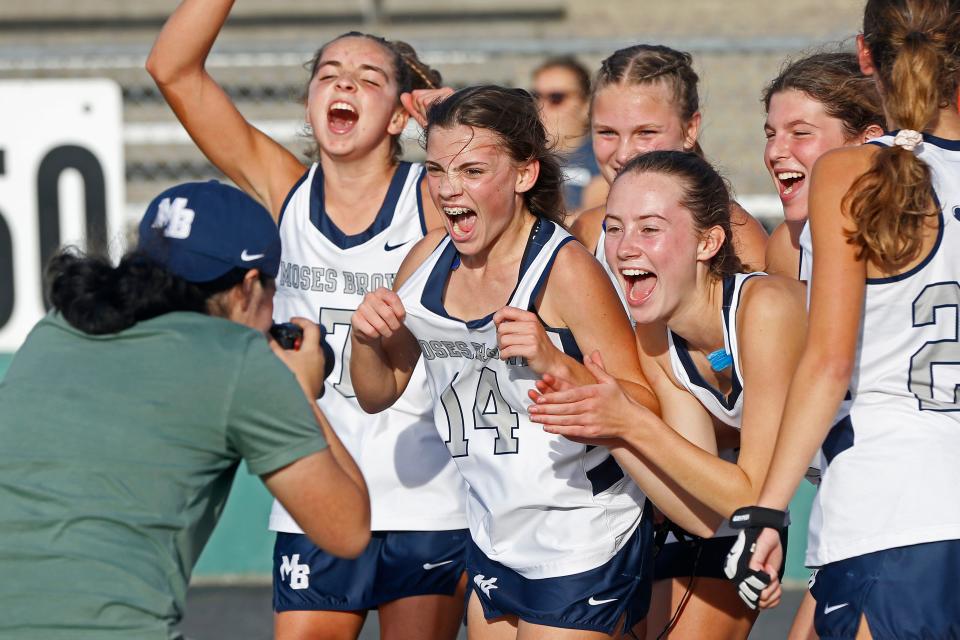 Lila Stilley celebrates with her Moses Brown teammates after capturing the field hockey championship last fall.