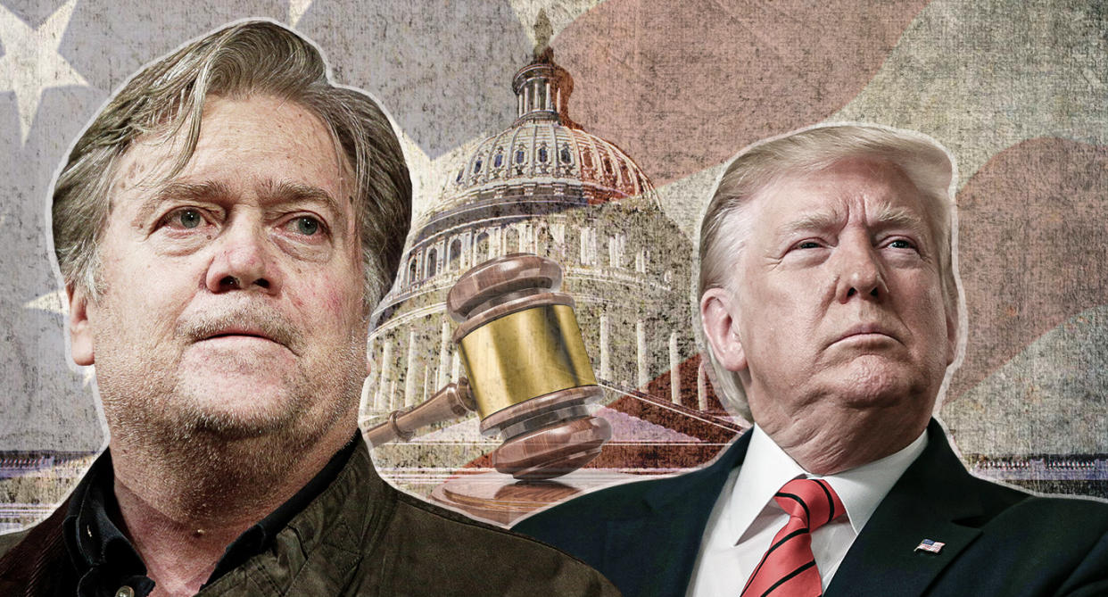 Stephen Bannon and Donald Trump. (Yahoo News photo illustration; photos: AP, Getty Images)