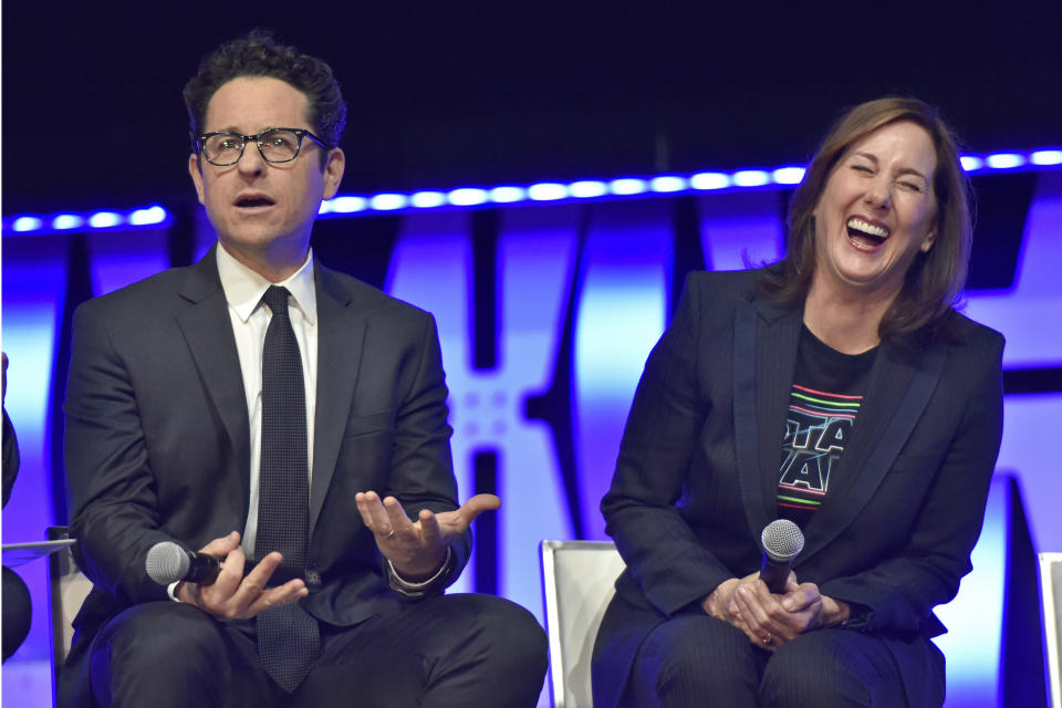 J.J. Abrams, left, and Kathleen Kennedy participate during the "Star Wars: The Rise Of Skywalker" panel on day 1 of the Star Wars Celebration at Wintrust Arena on Friday, April 12, 2019, in Chicago. (Photo by Rob Grabowski/Invision/AP)